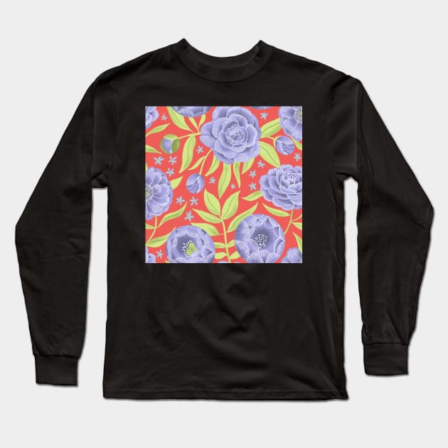 Purple peonies on orange Long Sleeve T-Shirt by Papergrape